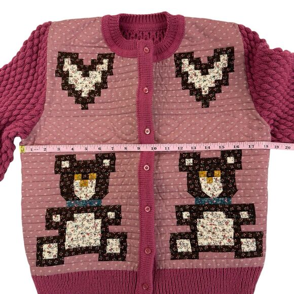 Handmade Quilted Pink Teddy Bear Heart Cottagecore Hippie Cardigan Medium - Picture 12 of 14
